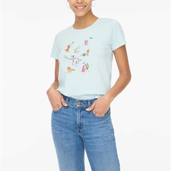J.Crew Factory Sporty Dogs Graphic Tee Women Medium Light Blue SS Collectors Tee - Picture 3 of 16